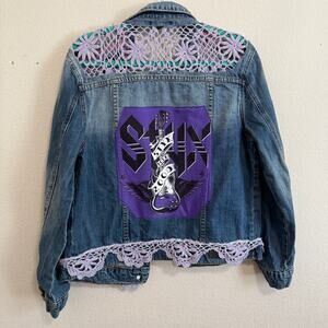 STS Blue Trucker Jacket Upcycled w/Styx Graphic & Crochet Details Size S